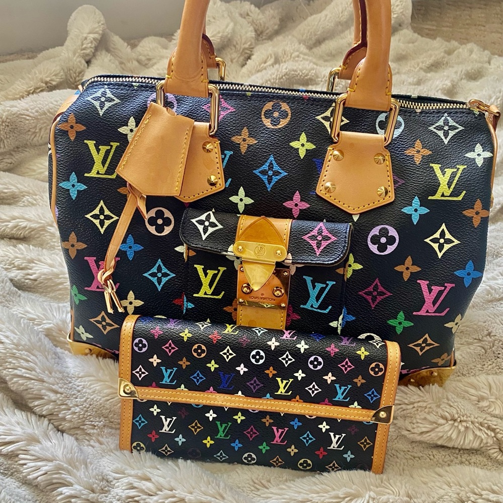 Louis Vuitton speedy 30 black multicolor bag with wallet